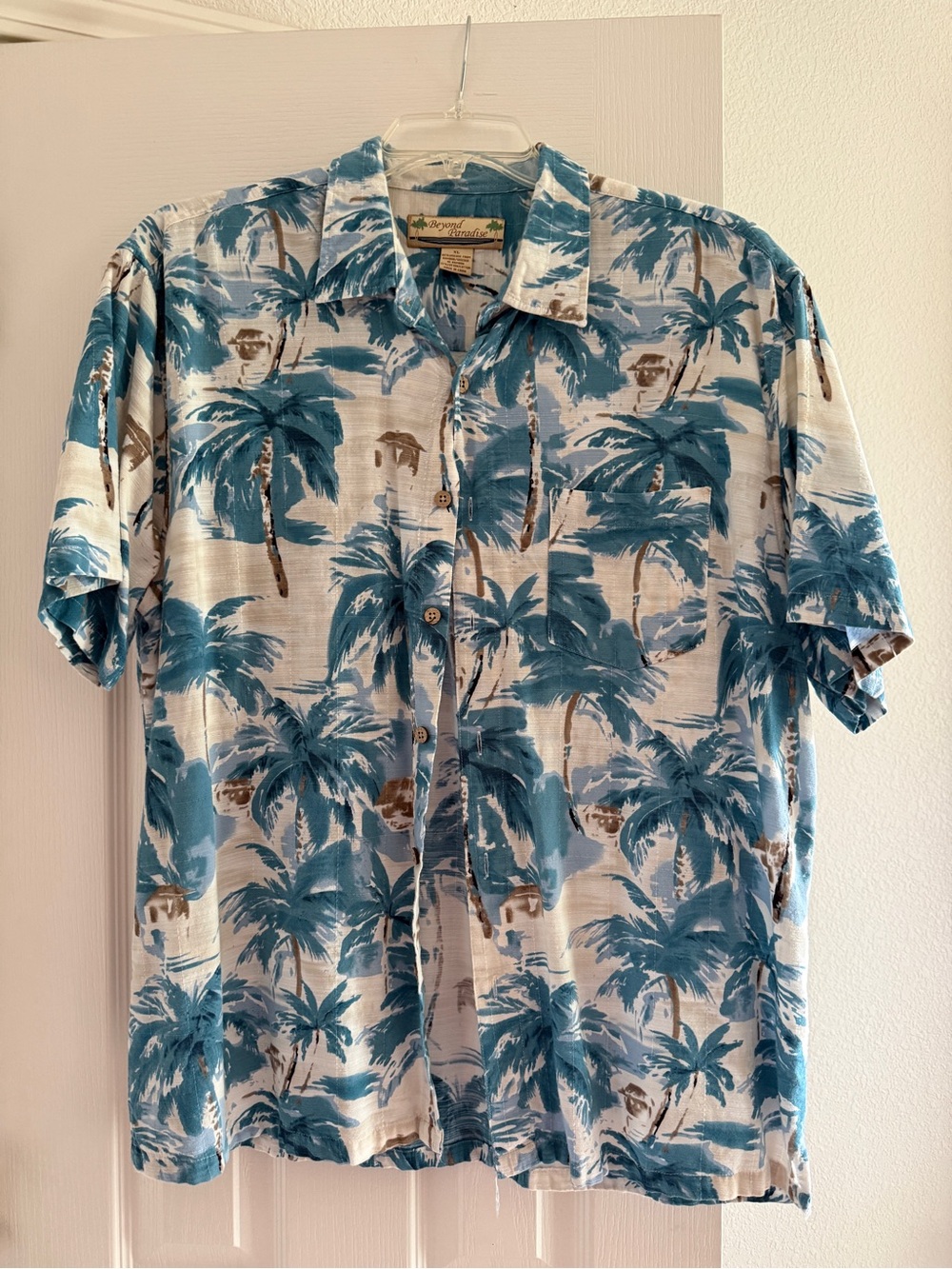 Men's Blue Palm-Print Short Sleeve Button-Down Shirt